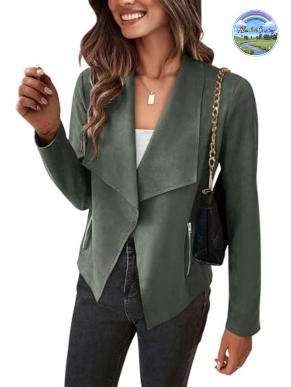 Faux Suede Cropped Jacket Waterfall Collar Open Front Pockets Fall